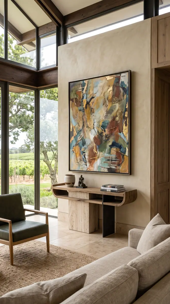 Large abstract canvas above a travertine console beside a linen sofa