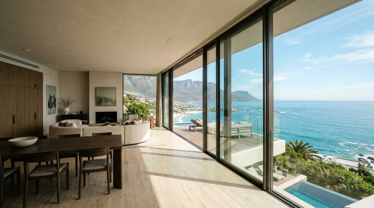 Full height aluminium sliding doors framing the Atlantic from a coastal living and dining room