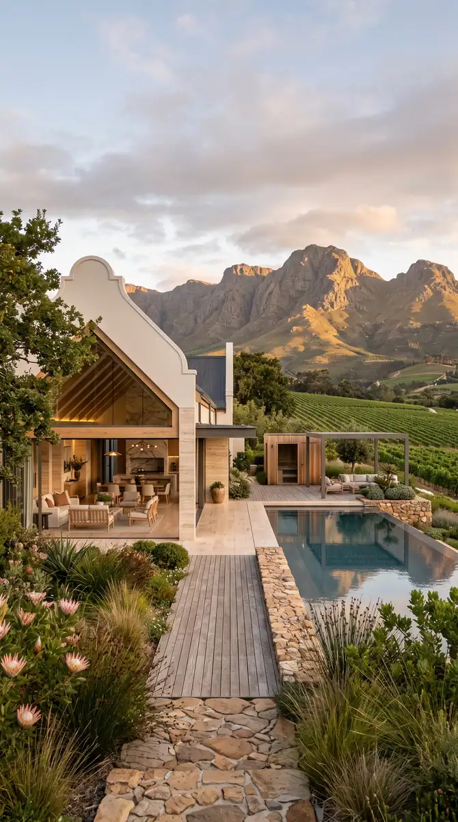 Cape Dutch gable and a covered entertainment pavilion beside a lit pool at dusk