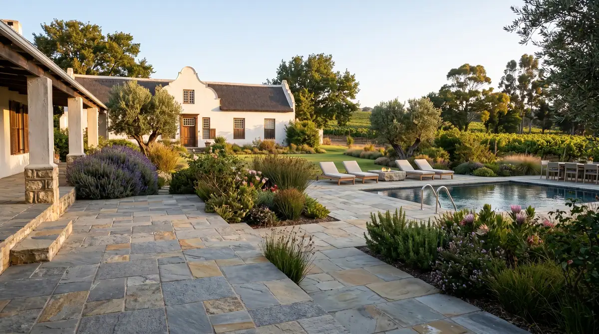 The forecourt: cracked concrete lifted, relaid in stone and planted