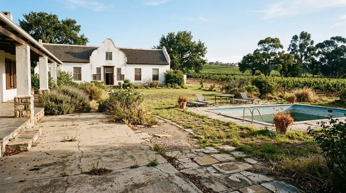 Cracked concrete forecourt and dry lawn in front of a Cape Dutch homestead before paving
