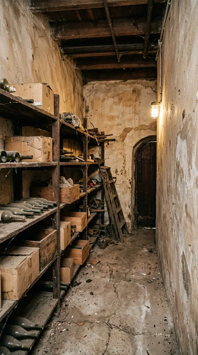 Cellar passage with bare masonry and salvaged racking before conversion