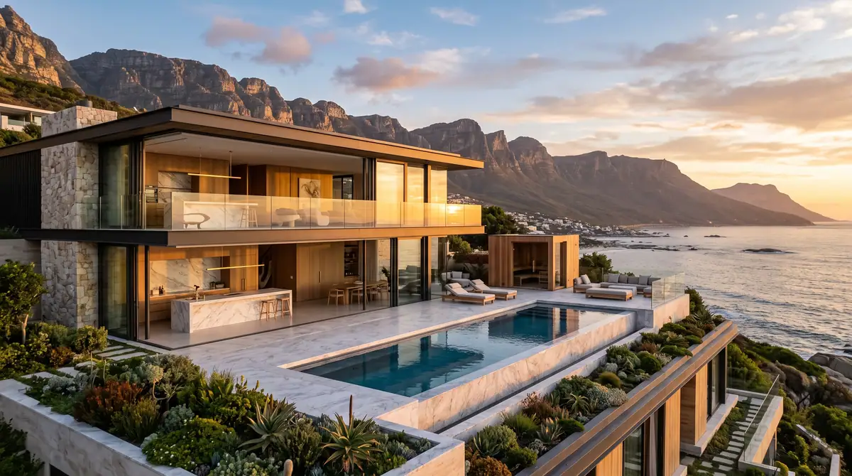 Clifftop residence with a rim flow pool and planted terraces below the Twelve Apostles at sunset