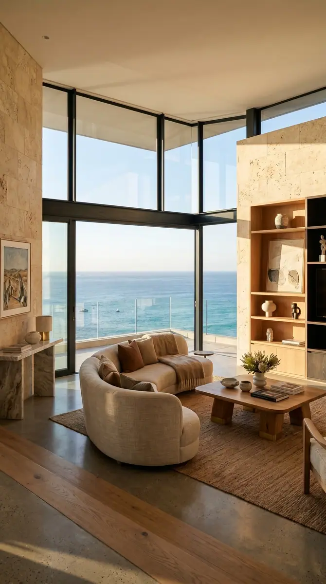Corner glazing and travertine finishes framing an ocean view in a contemporary coastal home