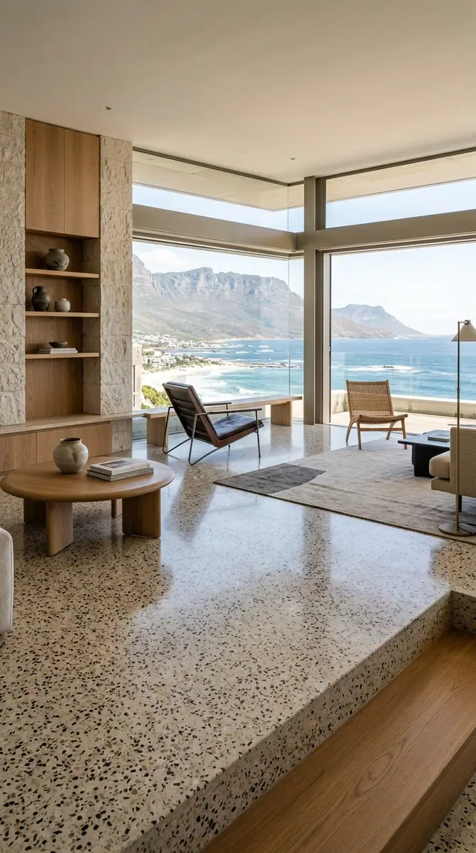 Built in timber shelving and a terrazzo step in a coastal interior facing the sea