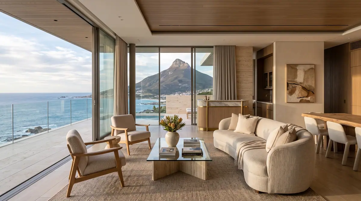 Coastal living room with a curved sofa and full height glazing over the ocean