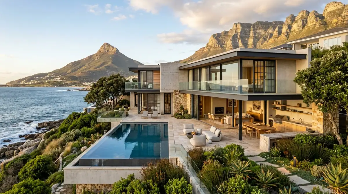Coastal residence held by boundary and retaining walls above the rocks, seen from the mountain side