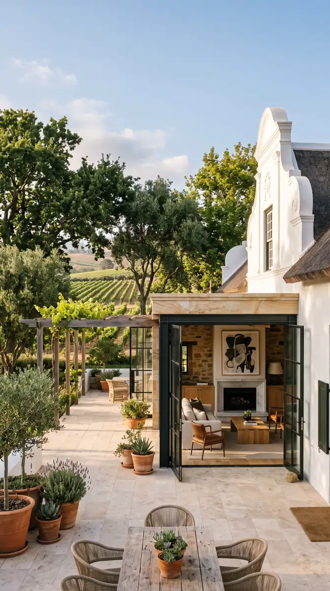 Paved courtyard with olive trees in pots and steel framed doors folded open to a lounge