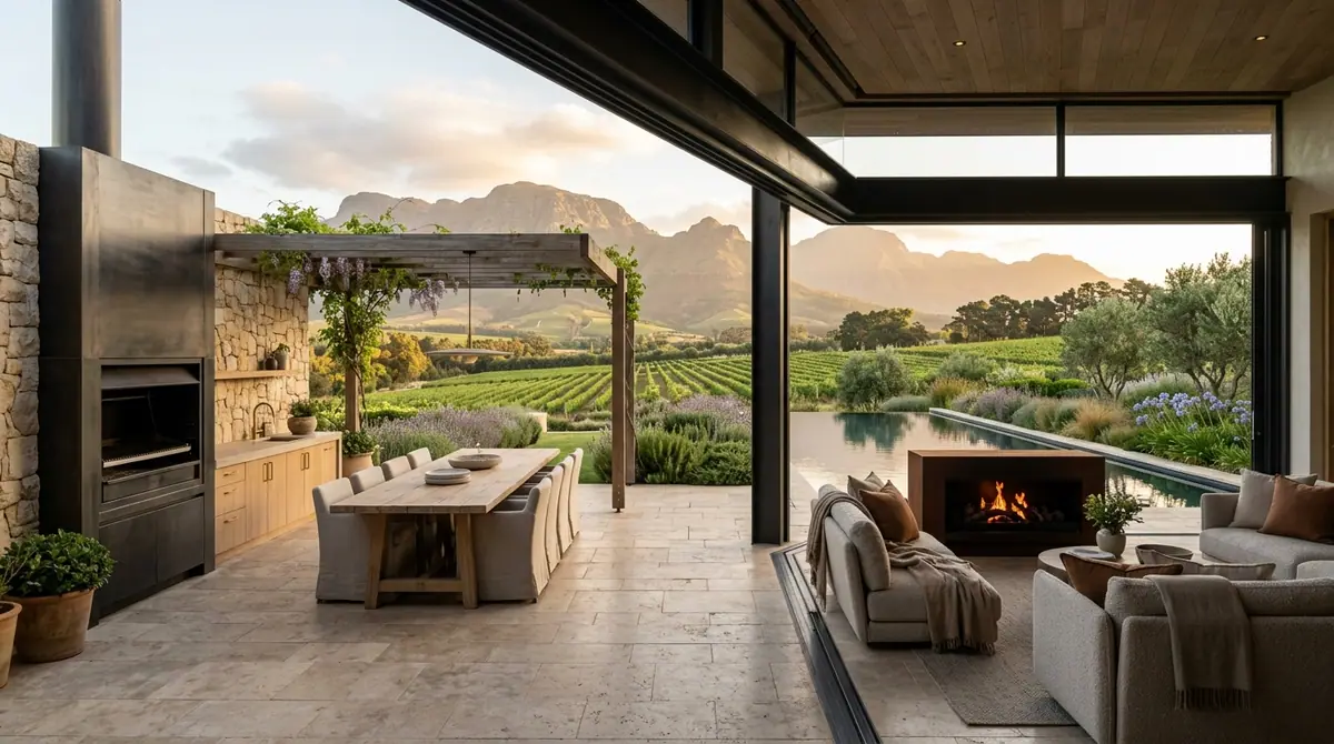 Covered entertainment area with a built in braai, a long dining table and vineyard views