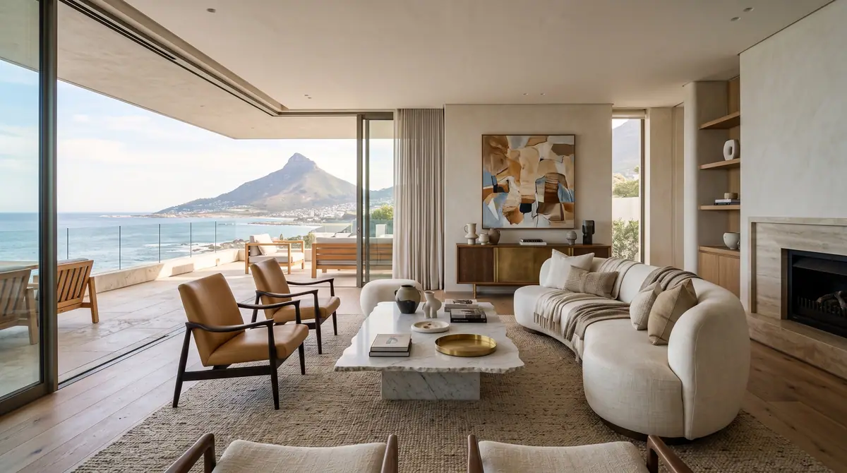 Curved cream sofa and mid century chairs in a living room facing Lion's Head