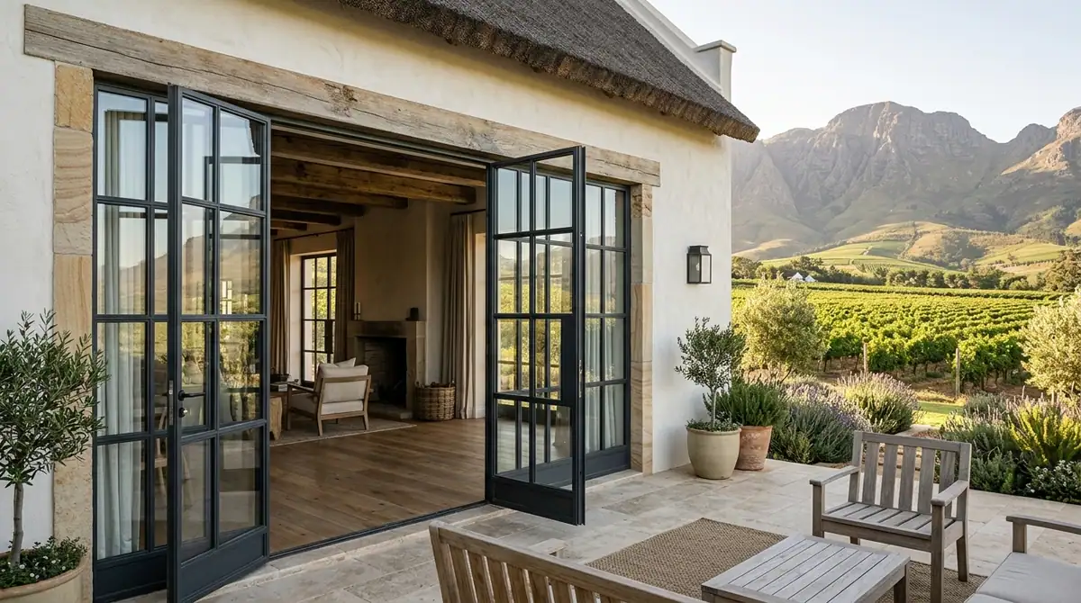 Dark framed glazed doors opening a restored Cape farmhouse onto a paved terrace and vineyards