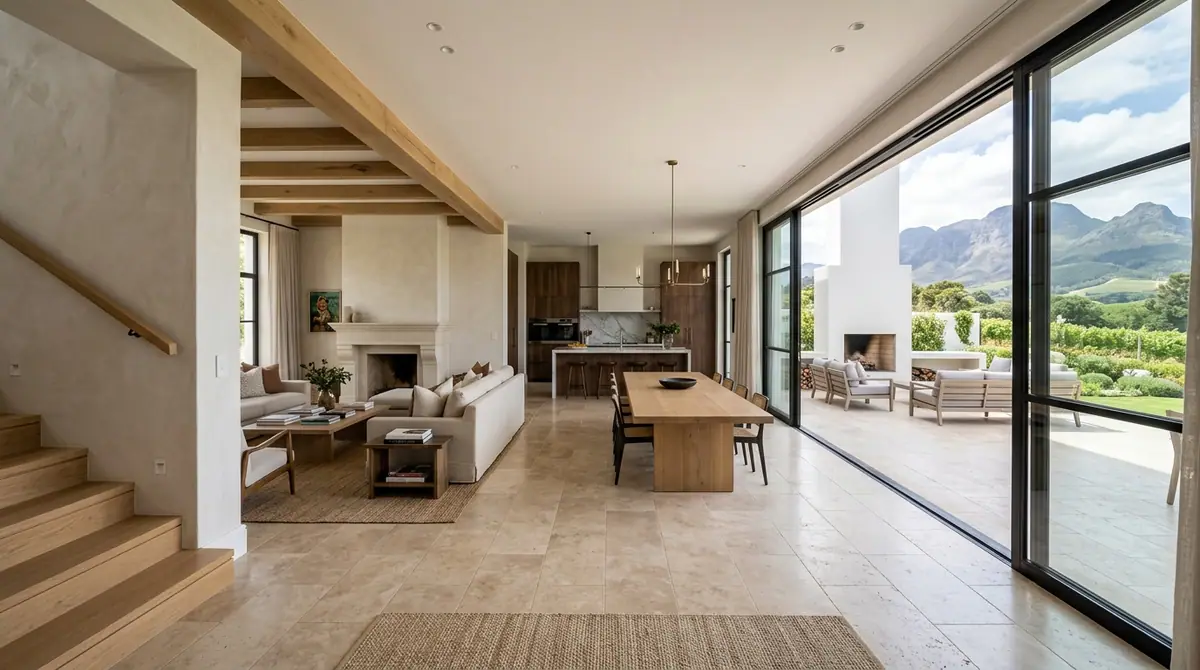 Double volume living room with a travertine floor, a floating stair and glazing to the garden