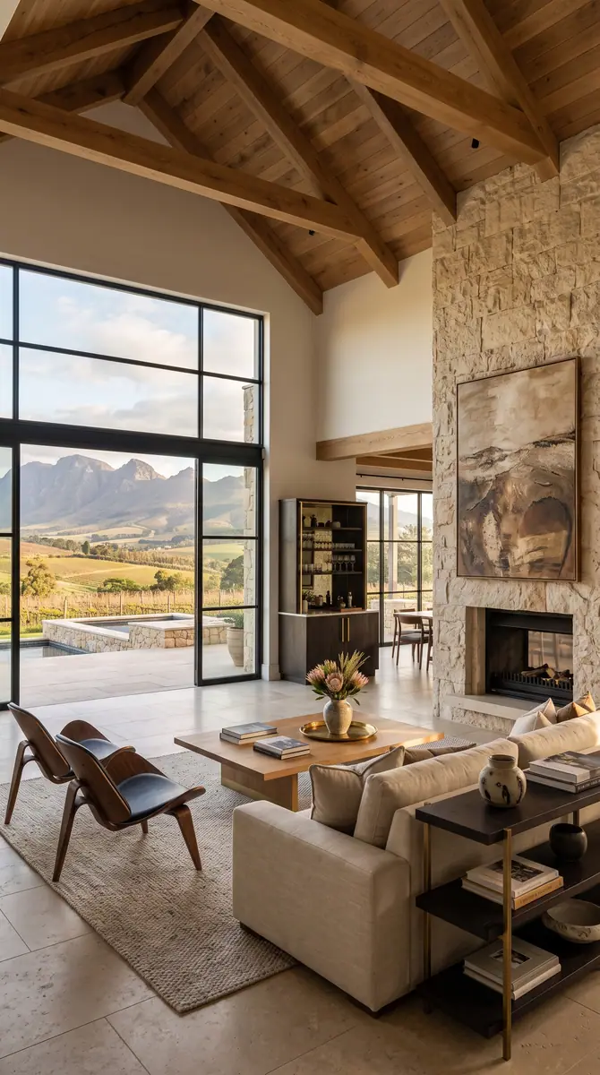 Double volume lounge with a stone fireplace and steel framed windows onto the vineyards