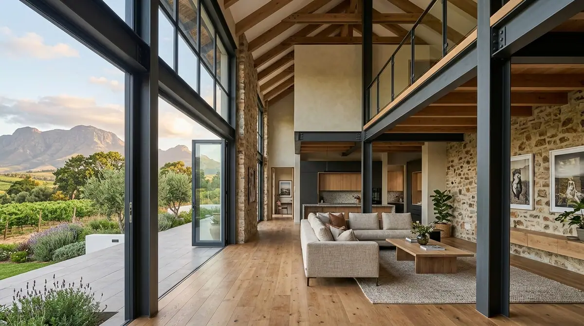 Exposed steel columns and beams in a double volume living space under timber trusses