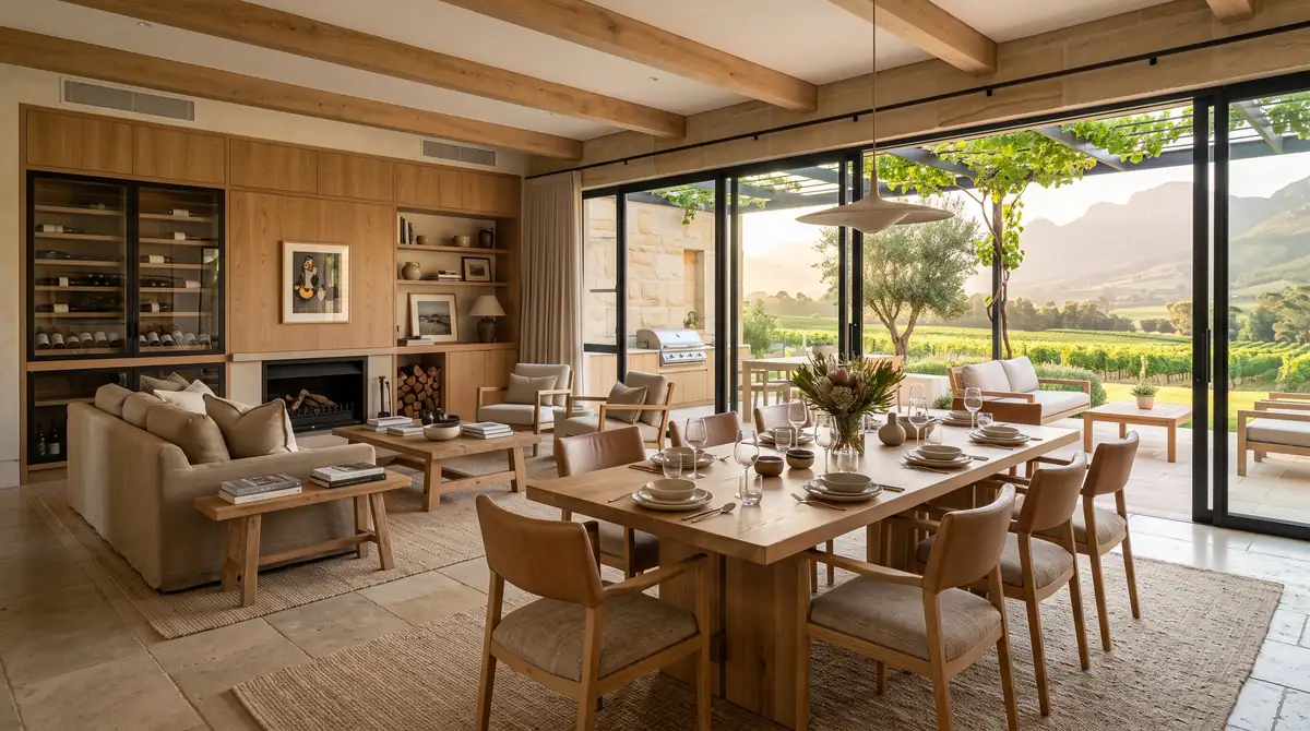 Farmhouse dining room with a built in wine wall opening onto a vine covered pergola