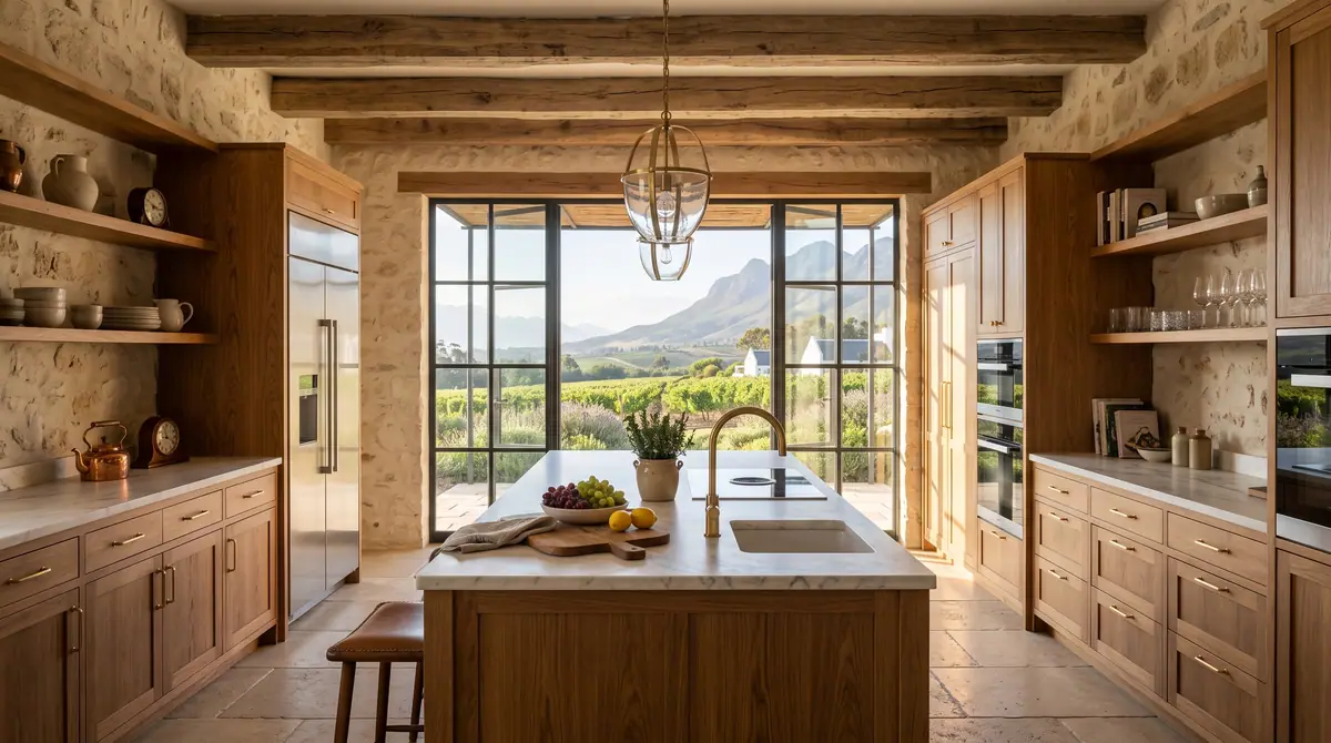Kitchen with exposed stone walls, oak cabinetry and a steel window over the mountains