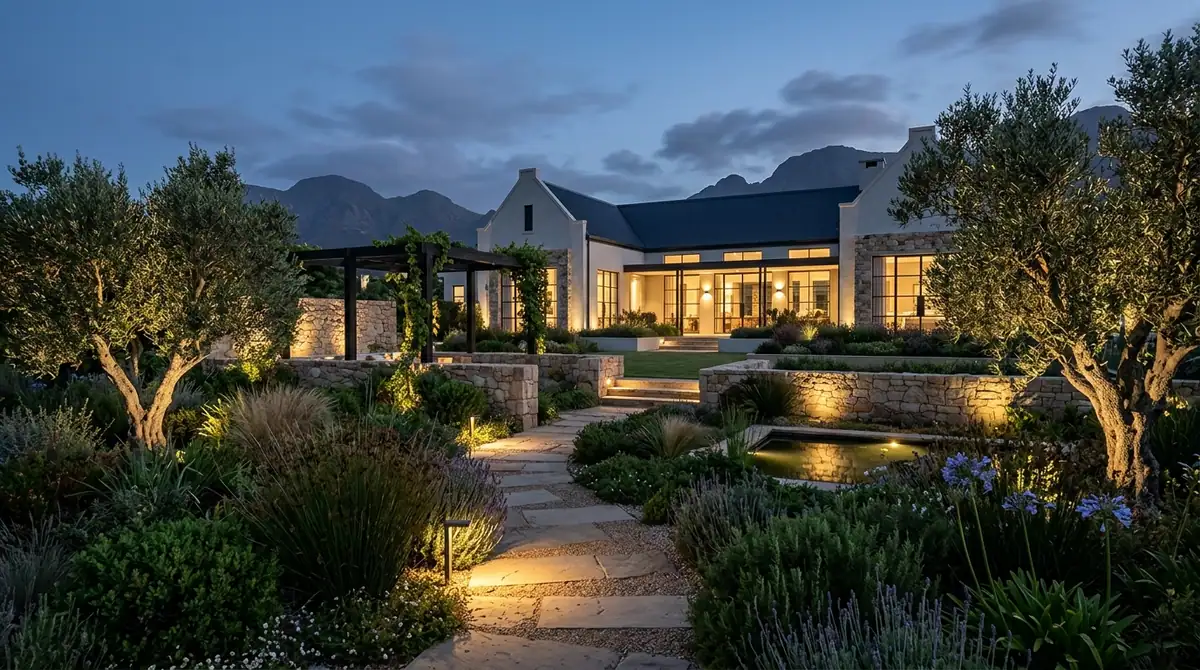 A Cape Dutch homestead at dusk with uplit olive trees, a lit water feature and path lighting