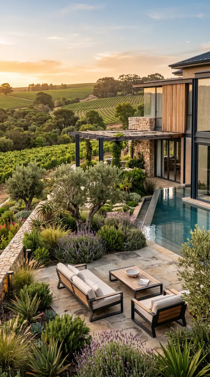 Aerial view of a hillside pool, stone paving and layered indigenous planting