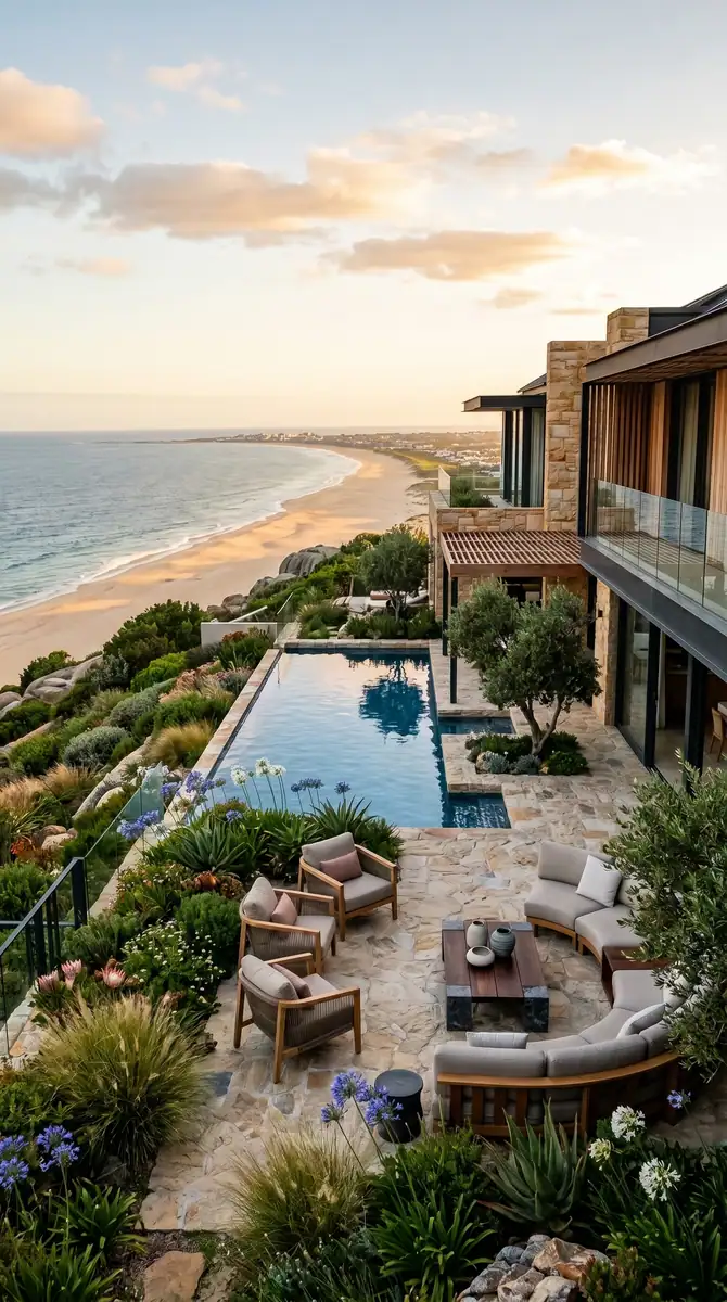 Aerial view of a landscaped pool terrace with fynbos planting above the beach