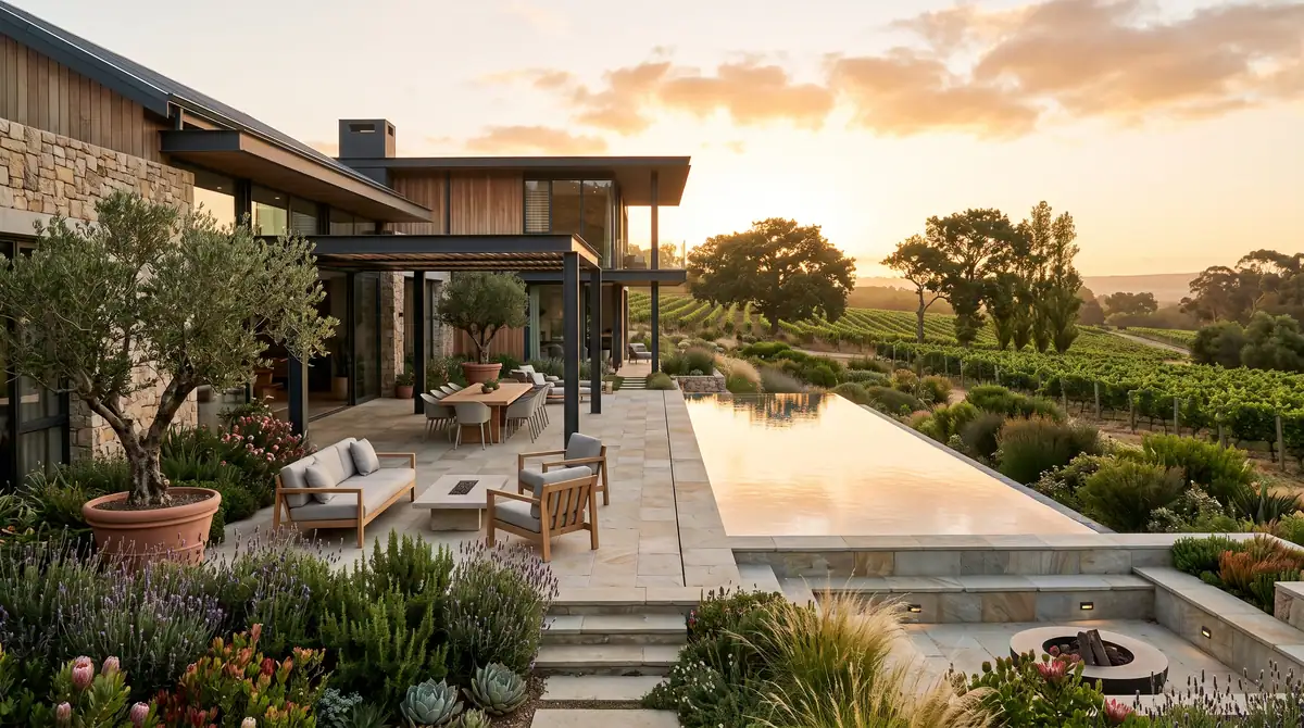 Lap pool, olive trees and planted terraces beside a Winelands home at sunset