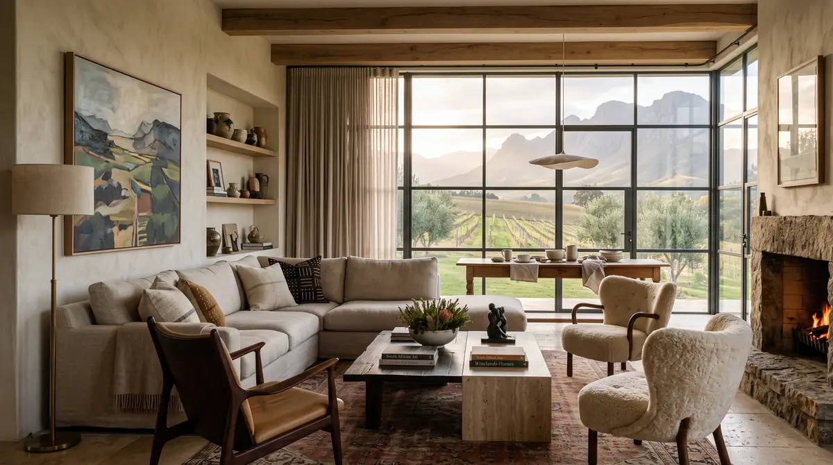 Layered living room with collected art, a sectional sofa and a stone fireplace