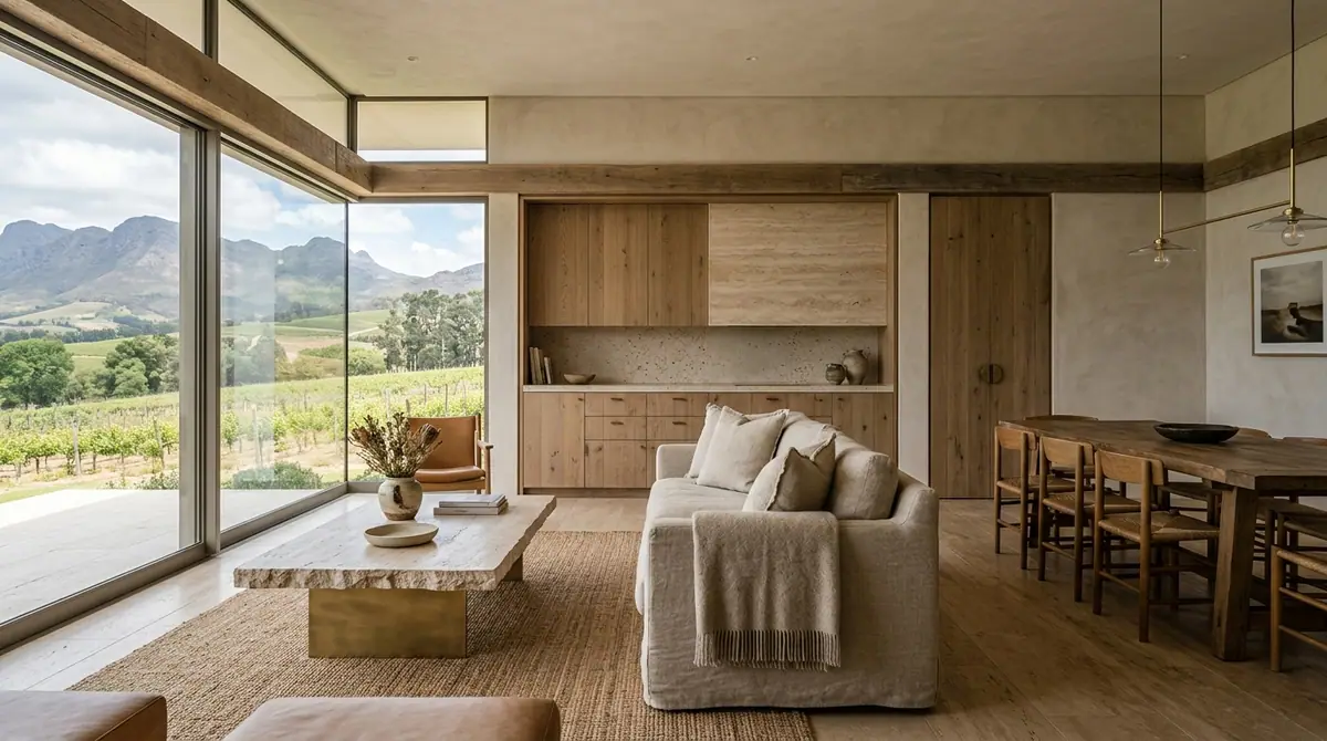 Linen sofa, travertine coffee table and built in oak joinery in a Cape Winelands living room