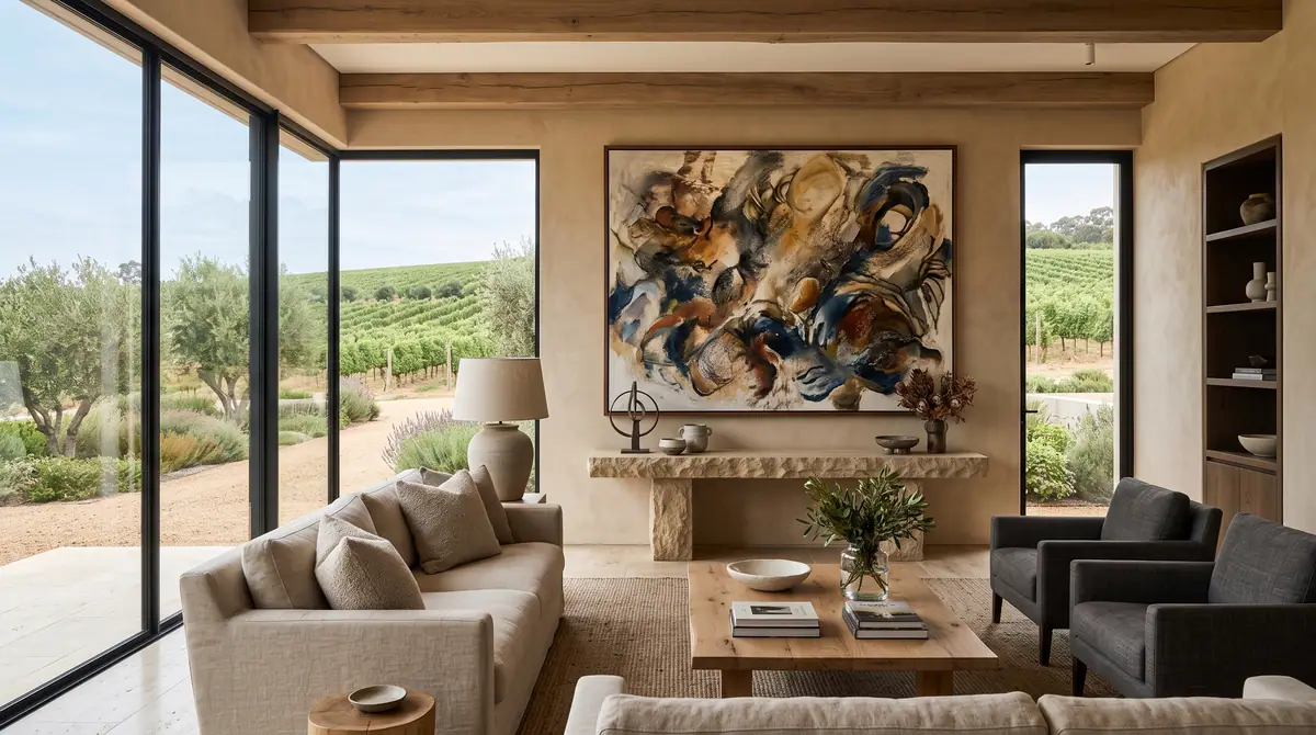 Living room with a large abstract canvas, a travertine console and vineyard glazing