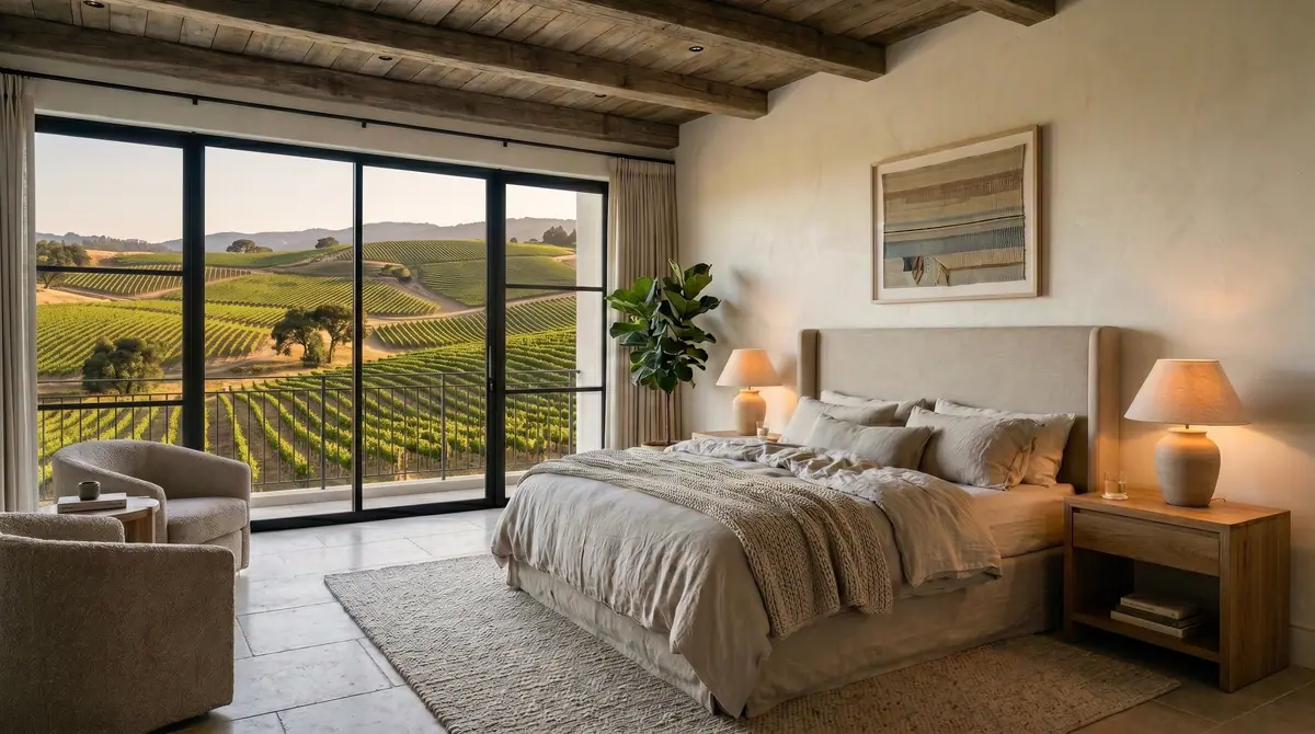 Main bedroom with linen bedding and sliding doors opening onto the vineyards