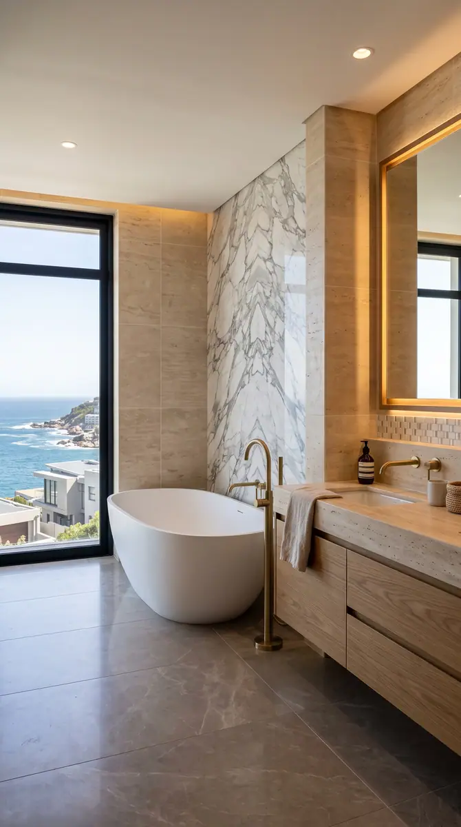 Marble bathroom with a freestanding bath and brass fittings set against an ocean window