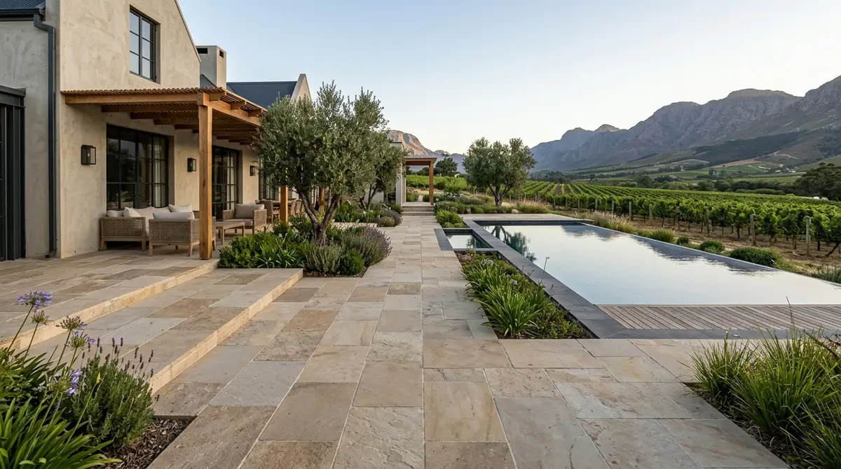 Natural stone paving laid through a farmhouse courtyard between the house, the pool and the vines