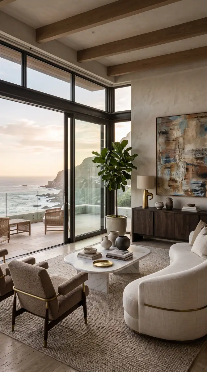 Lounge with corner glazing and a curved sofa looking out over the ocean at sunset
