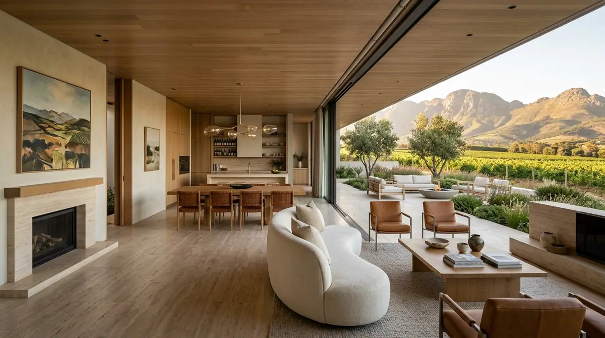 Open plan living and dining room with aluminium stacking doors folded back to a vineyard terrace