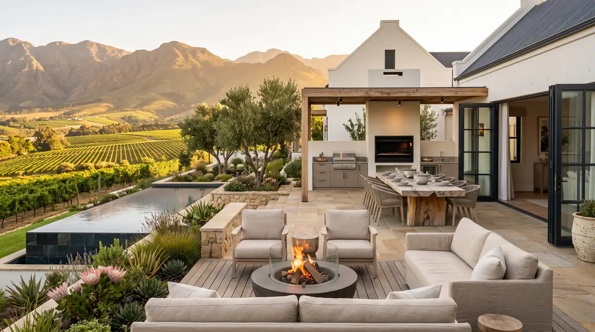Outdoor entertainment area with a sunken fire pit, a built in braai kitchen and a pool