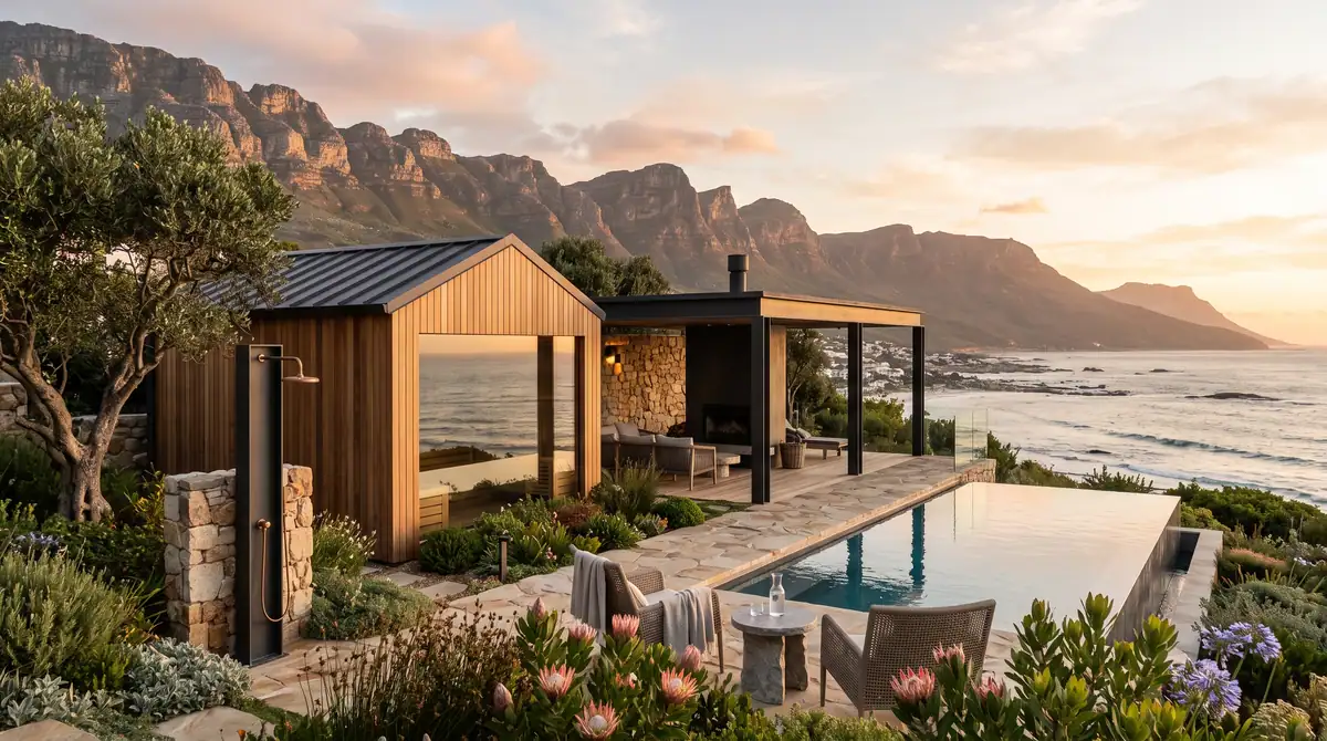 Timber sauna pavilion beside a pool with an outdoor shower and an ocean horizon at sunset