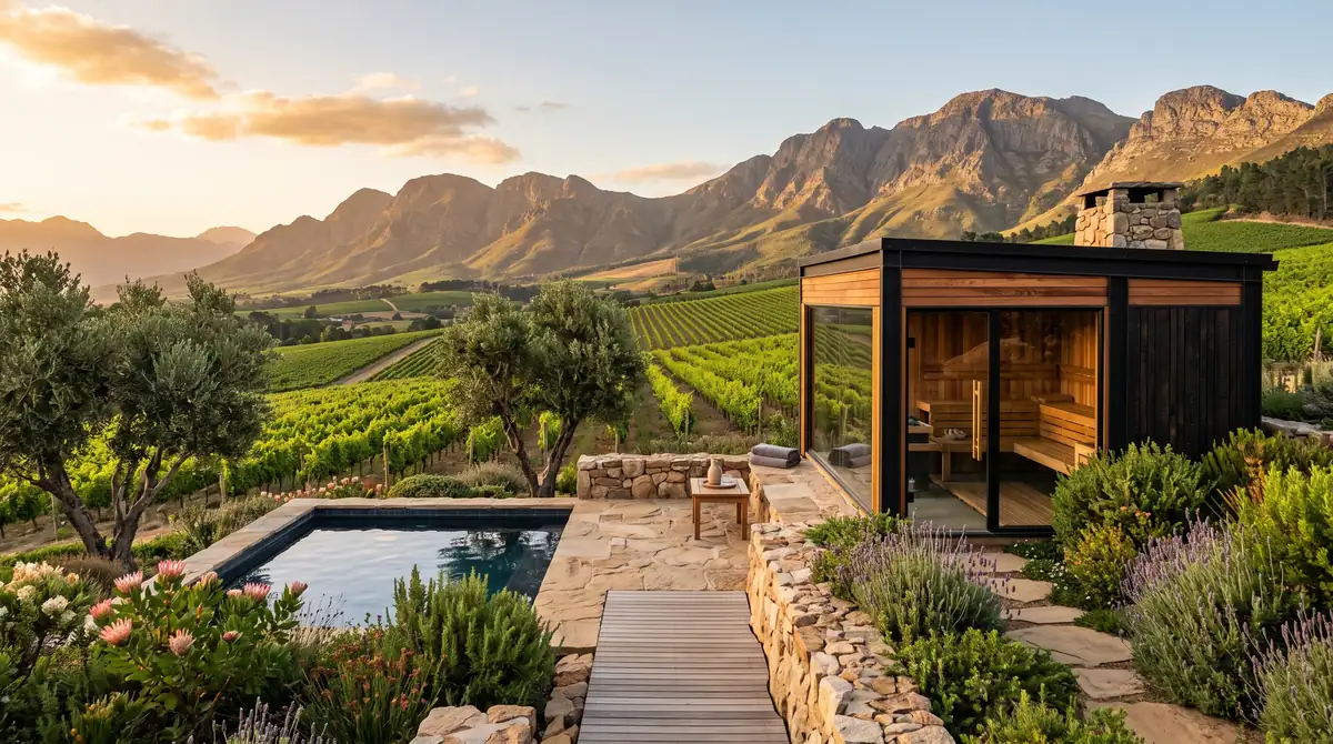 Outdoor sauna cabin and a dark plunge pool set into a fynbos garden above the vineyards