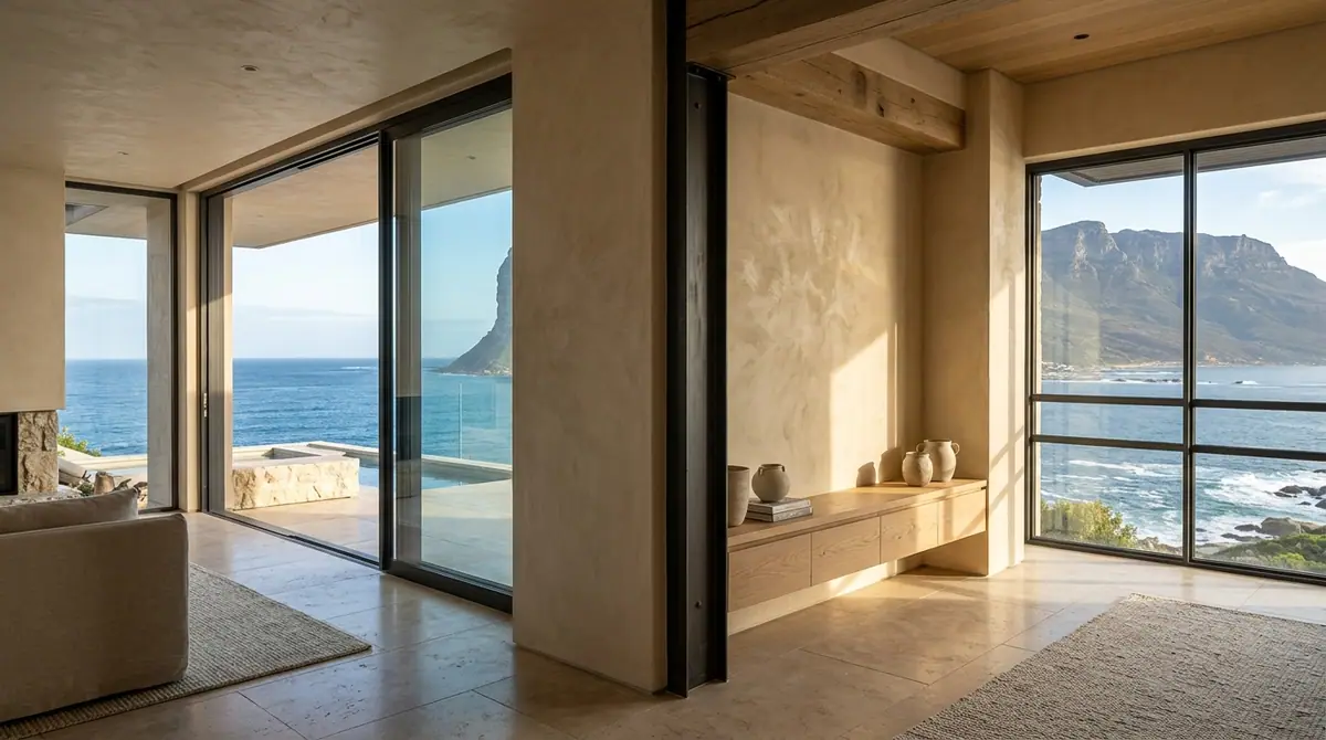 Hand plastered interior walls and a built in bench in a coastal room facing the ocean