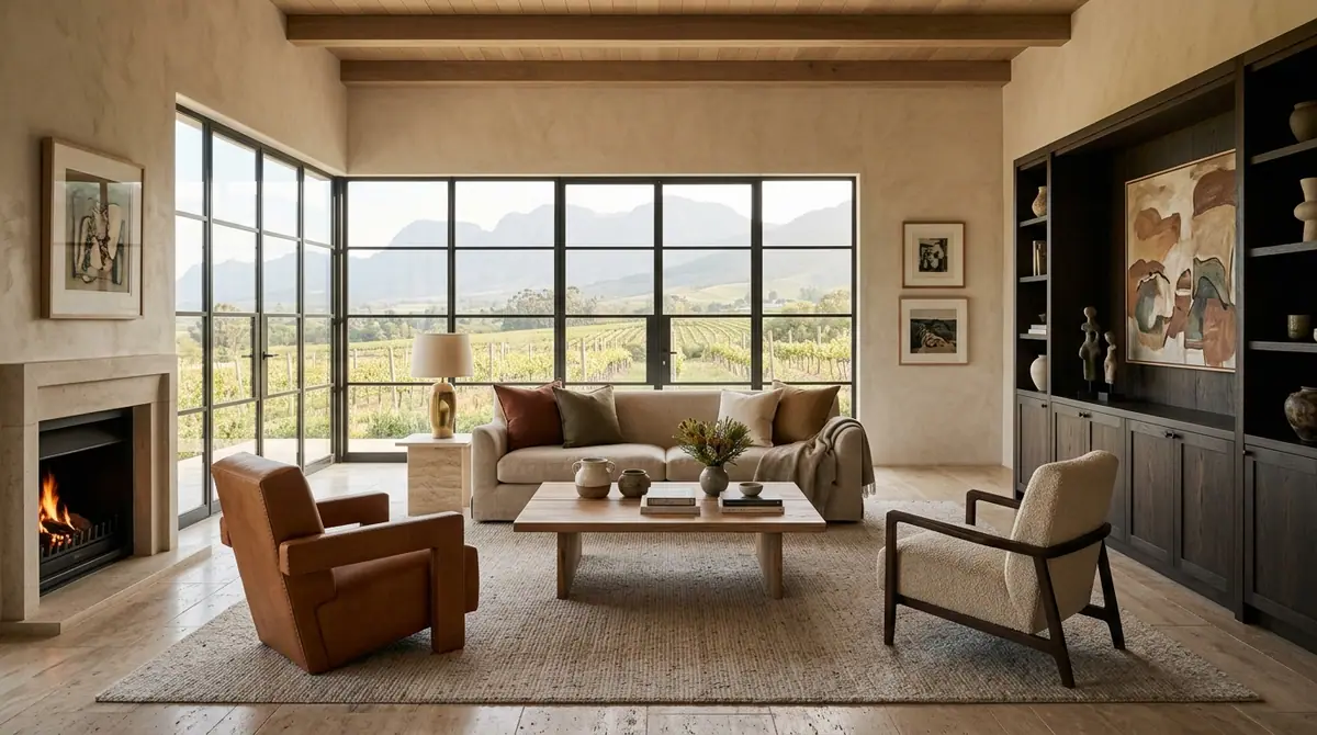 Hand plastered living room with steel framed windows, a lit fireplace and built in joinery