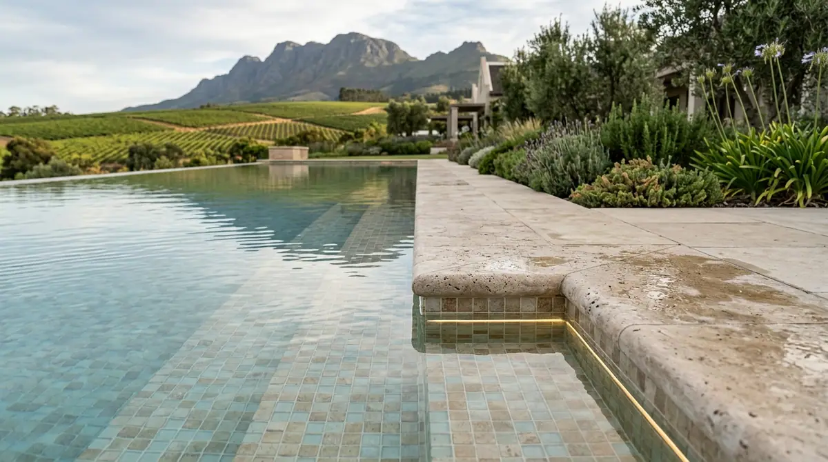 Travertine coping and glass mosaic detail at the edge of a vineyard estate pool