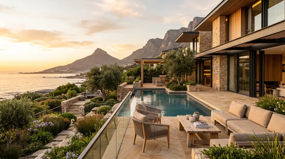 Pool terrace with loungers and indigenous planting looking towards Lion's Head at sunset