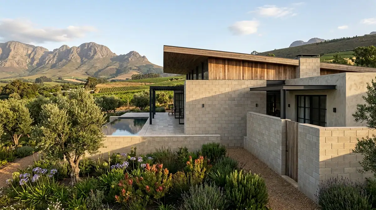 Precast concrete boundary walling with a steel gate enclosing a Winelands residence