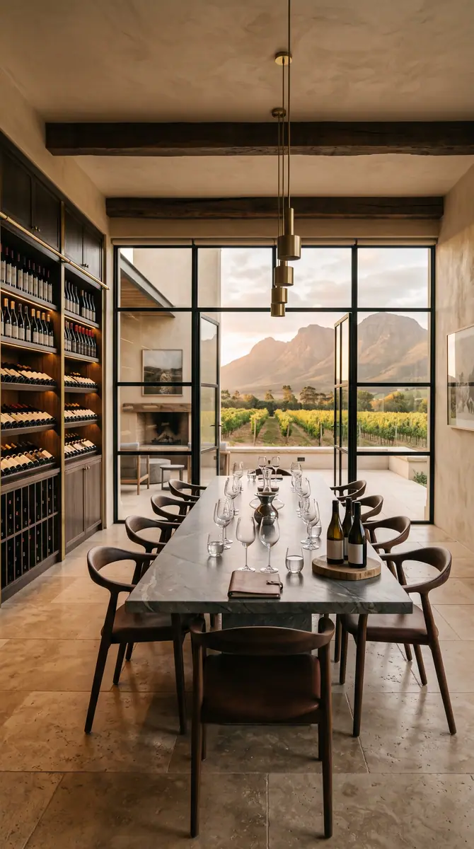 Private tasting room with a full height wine wall and steel framed glazing