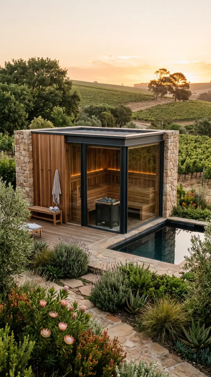 Timber and glass sauna cabin with a plunge pool cut into the terrace at sunset