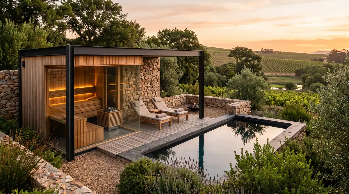 Wellness pavilion with a sauna, a plunge pool and a dry stone retaining wall over the vines