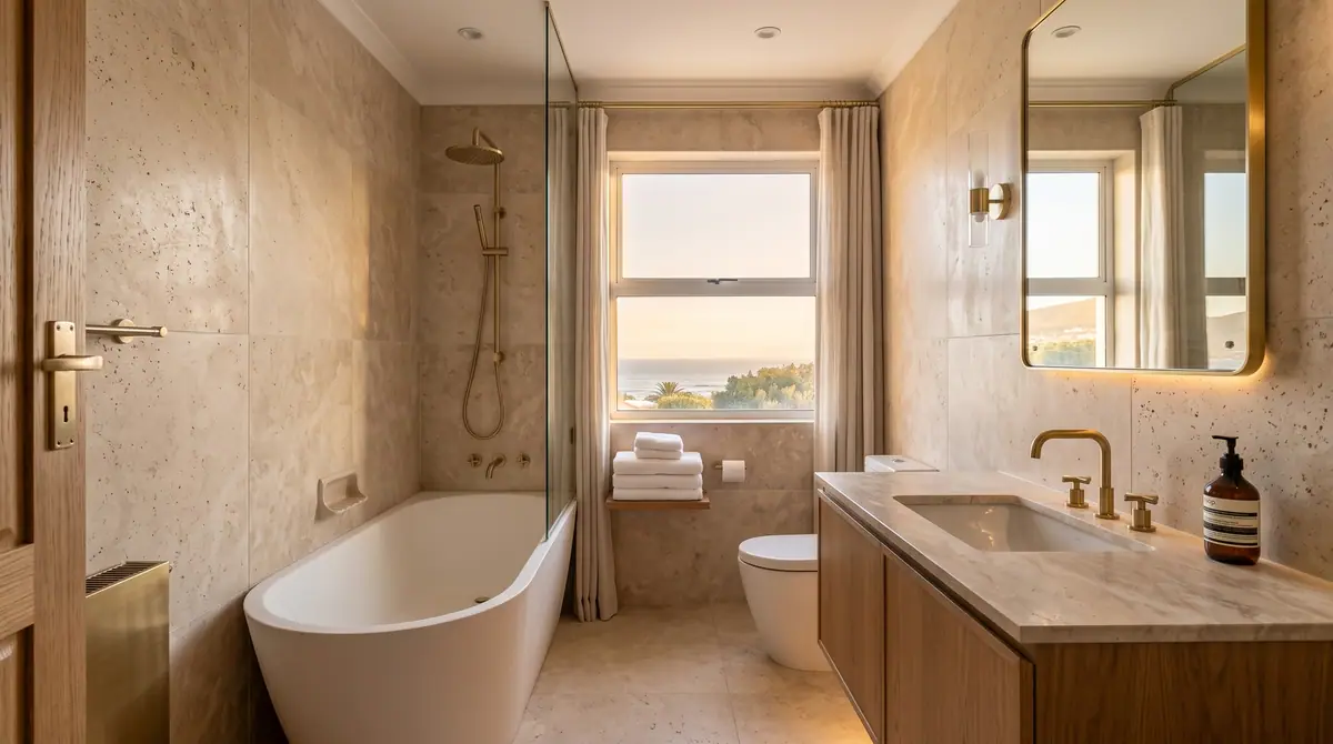 The main bathroom, rebuilt in travertine