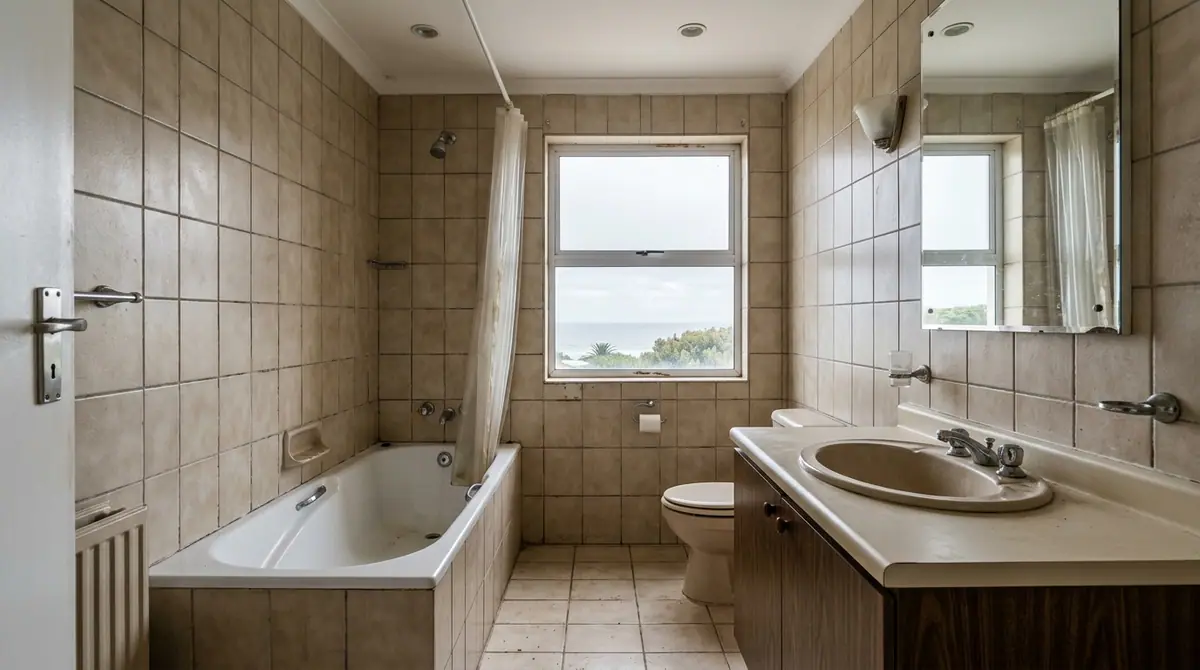 Dated bathroom with beige wall tiles, a built in bath and a shower curtain before renovation