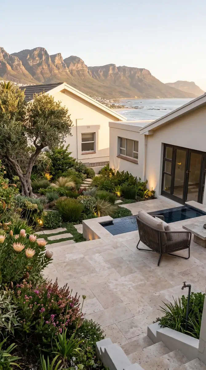 The side courtyard, from overgrown ground to paved garden with a plunge pool