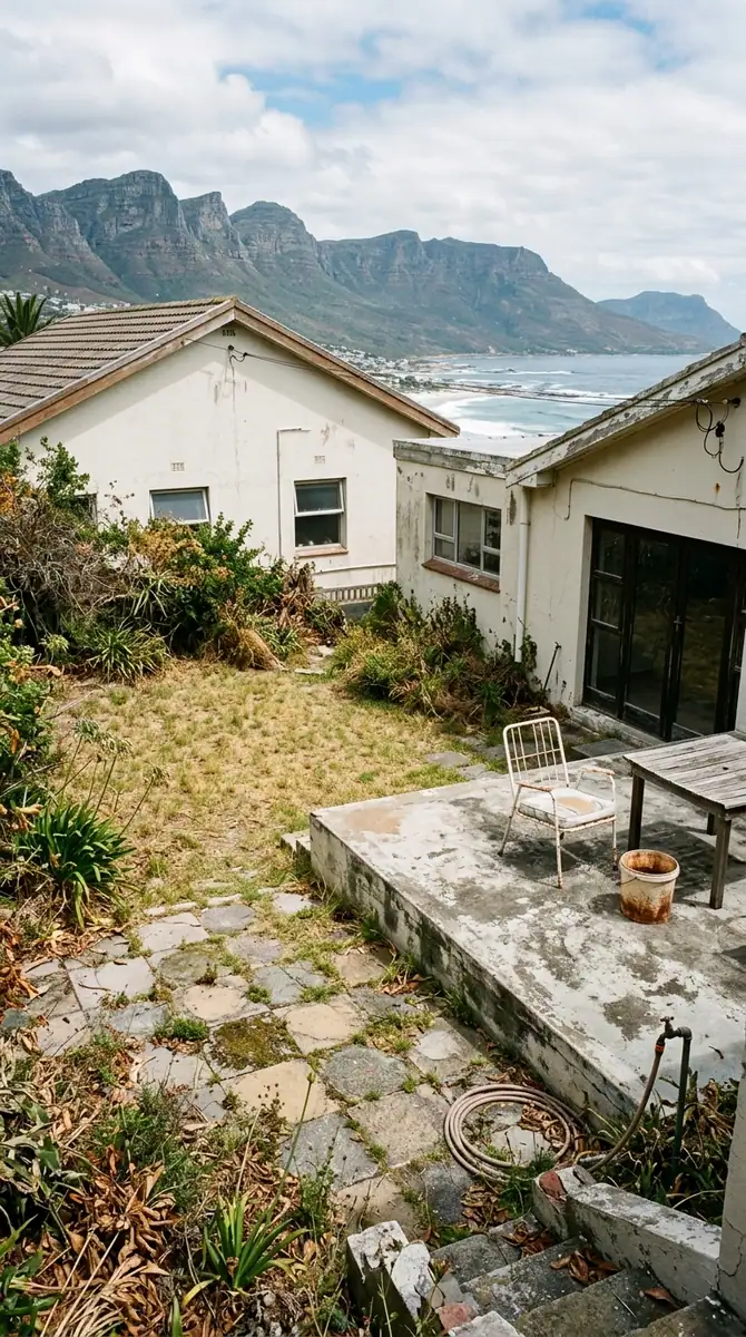 Overgrown garden and cracked concrete terrace at a coastal house before renovation