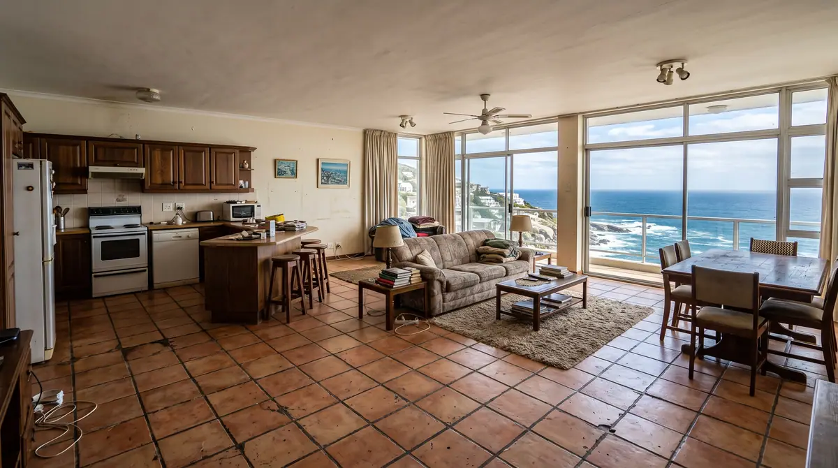 Living area with terracotta floor tiles and dated timber kitchen units before renovation