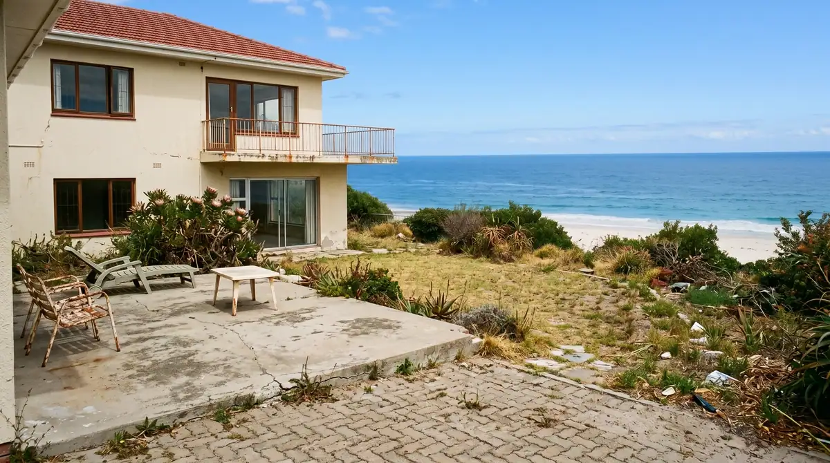 Derelict paving, weeds and a broken terrace at a beachfront house before renovation