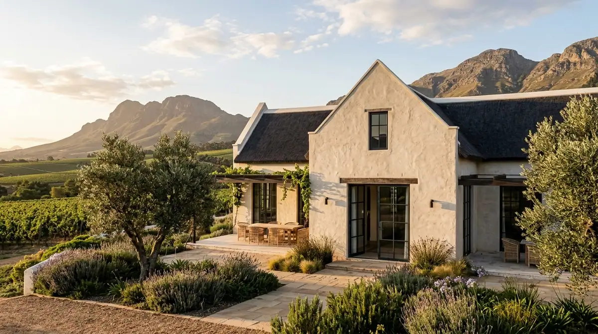 Steel cottage pane windows and doors set into the gable of a Cape Dutch homestead